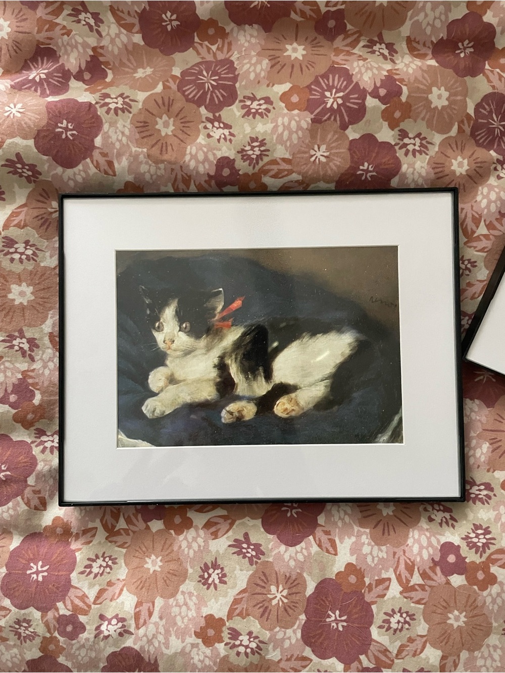Renoir postcard. Framed Black and White Kitten Art Print with Red Bow 1993